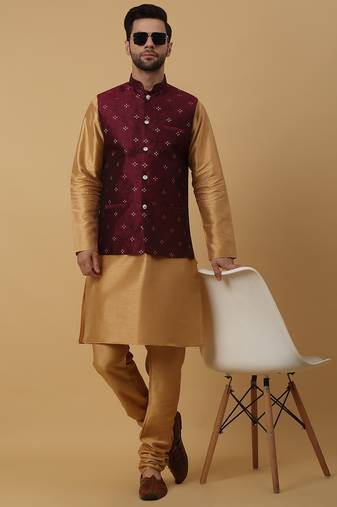 Men's gold kurta and churidar with jacquard floral nehru jacket