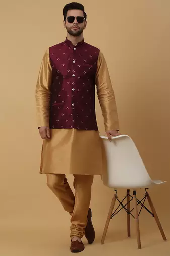 Men's gold kurta and churidar with jacquard floral nehru jacket