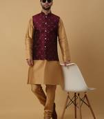 Men's gold kurta and churidar with jacquard floral nehru jacket