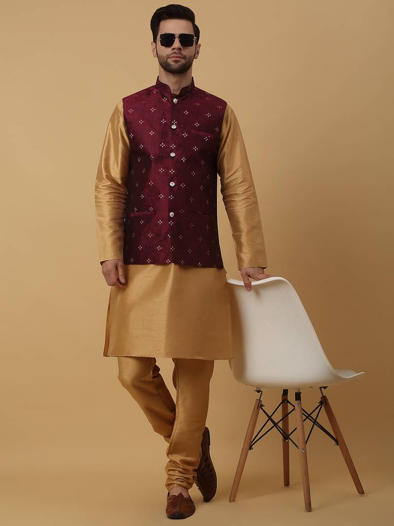 Men's gold kurta and churidar with jacquard floral nehru jacket