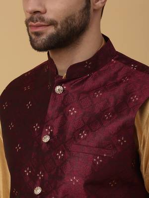 Men's gold kurta and churidar with jacquard floral nehru jacket 2