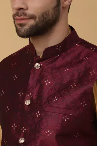 Men's gold kurta and churidar with jacquard floral nehru jacket