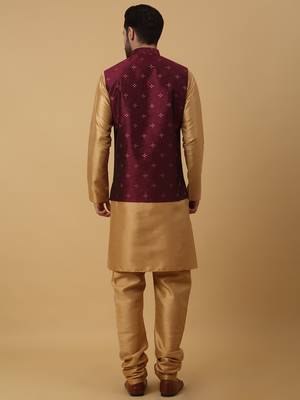 Men's gold kurta and churidar with jacquard floral nehru jacket 3