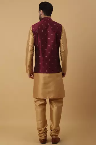 Men's gold kurta and churidar with jacquard floral nehru jacket