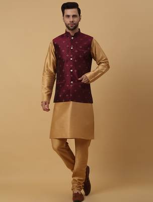 Men's gold kurta and churidar with jacquard floral nehru jacket 4