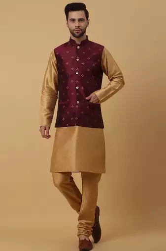 Men's gold kurta and churidar with jacquard floral nehru jacket