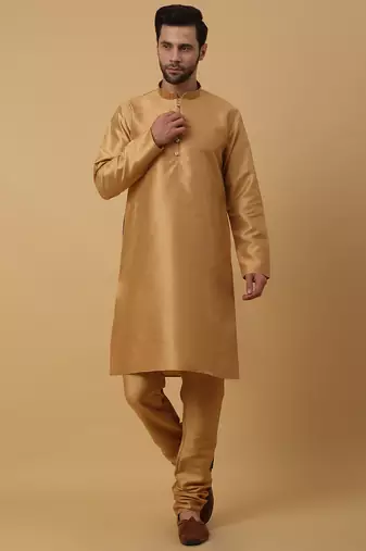 Men's gold kurta and churidar with jacquard floral nehru jacket
