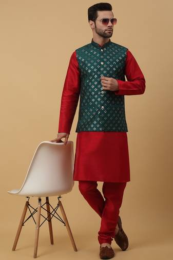 Men's maroon kurta and churidar with sequenced cotton silk nehru jacket