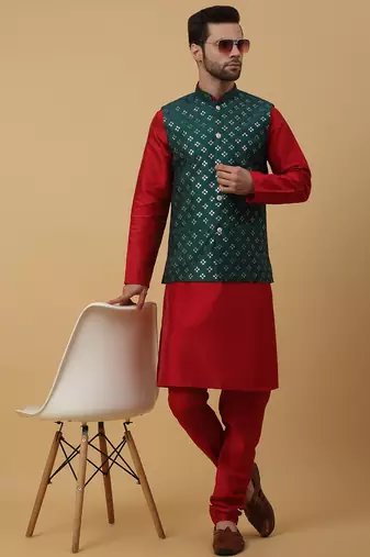 Men's maroon kurta and churidar with sequenced cotton silk nehru jacket