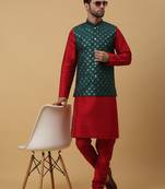 Men's maroon kurta and churidar with sequenced cotton silk nehru jacket