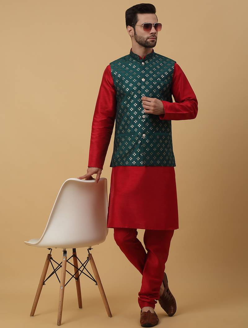Men's maroon kurta and churidar with sequenced cotton silk nehru jacket