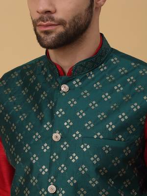 Men's maroon kurta and churidar with sequenced cotton silk nehru jacket 2