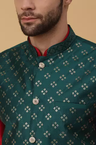 Men's maroon kurta and churidar with sequenced cotton silk nehru jacket
