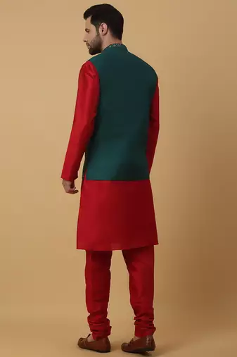Men's maroon kurta and churidar with sequenced cotton silk nehru jacket