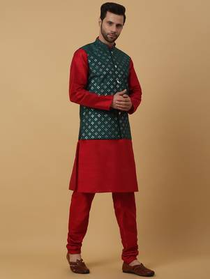 Men's maroon kurta and churidar with sequenced cotton silk nehru jacket 4