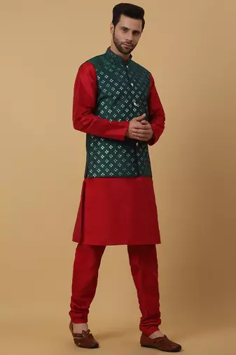 Men's maroon kurta and churidar with sequenced cotton silk nehru jacket