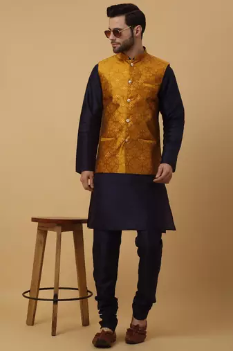 Men's navy blue kurta and churidar with jacquard floral nehru jacket