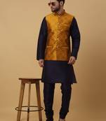 Men's navy blue kurta and churidar with jacquard floral nehru jacket