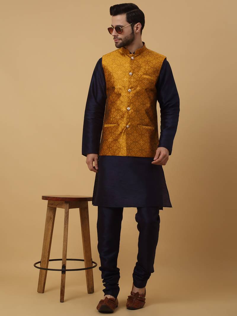 Men's navy blue kurta and churidar with jacquard floral nehru jacket
