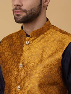 Men's navy blue kurta and churidar with jacquard floral nehru jacket 2