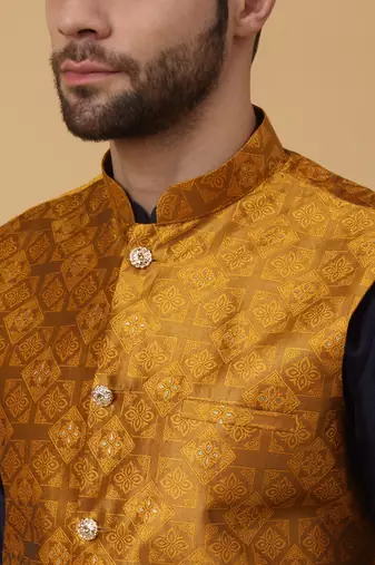 Men's navy blue kurta and churidar with jacquard floral nehru jacket