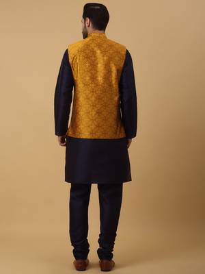Men's navy blue kurta and churidar with jacquard floral nehru jacket 3