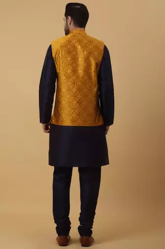 Men's navy blue kurta and churidar with jacquard floral nehru jacket