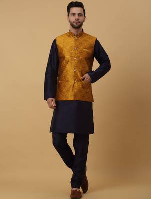 Men's navy blue kurta and churidar with jacquard floral nehru jacket 4