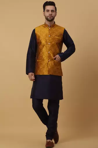 Men's navy blue kurta and churidar with jacquard floral nehru jacket
