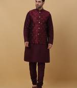 Men's Maroon kurta and churidar with jacquard floral nehru jacket