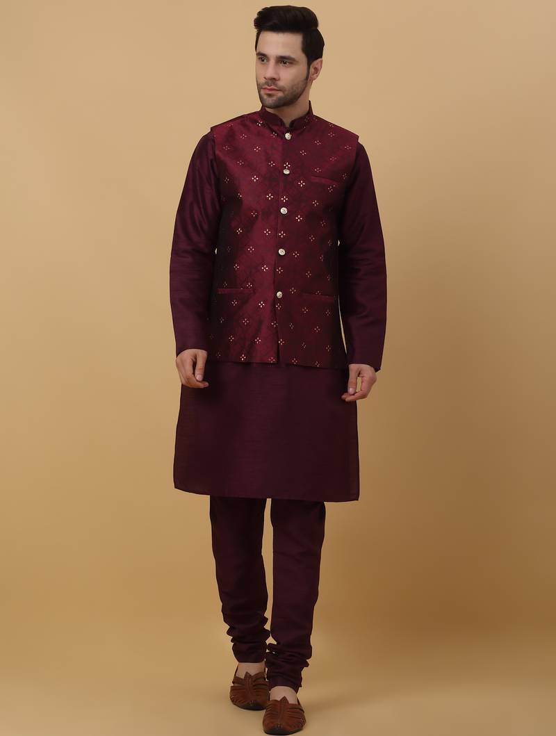Men's Maroon kurta and churidar with jacquard floral nehru jacket