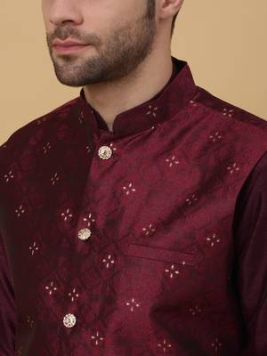 Men's Maroon kurta and churidar with jacquard floral nehru jacket 2