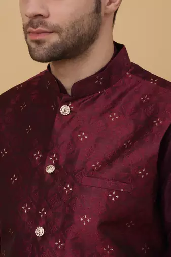 Men's Maroon kurta and churidar with jacquard floral nehru jacket