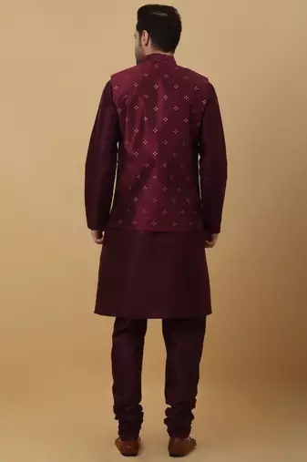 Men's Maroon kurta and churidar with jacquard floral nehru jacket