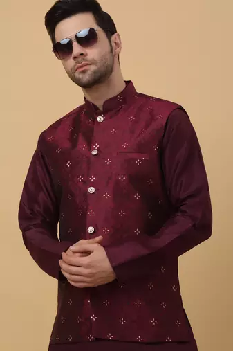 Men's Maroon kurta and churidar with jacquard floral nehru jacket