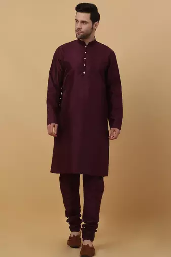 Men's Maroon kurta and churidar with jacquard floral nehru jacket