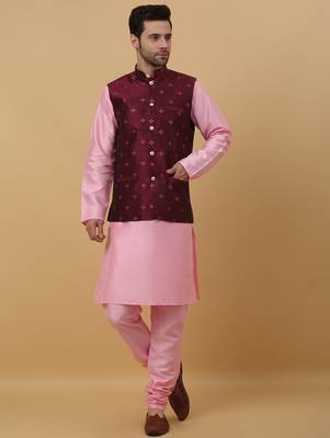 Men's pink kurta and churidar with jacquard floral nehru jacket 1