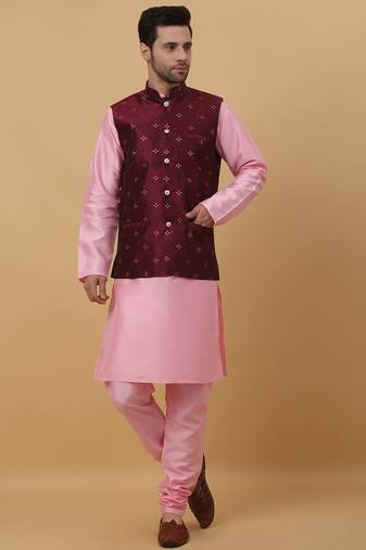 Men's pink kurta and churidar with jacquard floral nehru jacket