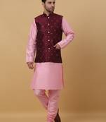 Men's pink kurta and churidar with jacquard floral nehru jacket