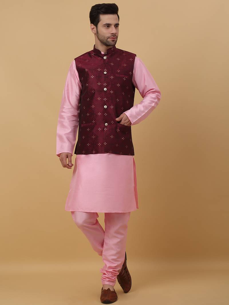 Men's pink kurta and churidar with jacquard floral nehru jacket