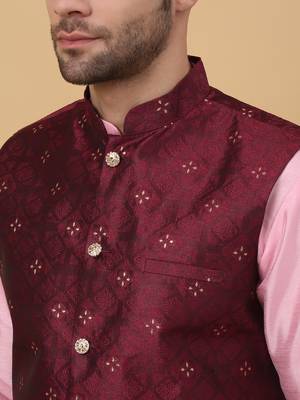 Men's pink kurta and churidar with jacquard floral nehru jacket 2
