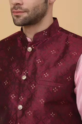 Men's pink kurta and churidar with jacquard floral nehru jacket