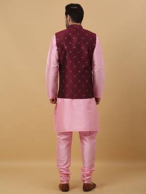 Men's pink kurta and churidar with jacquard floral nehru jacket 3