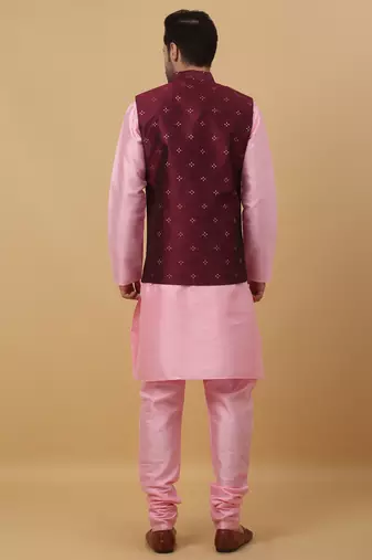 Men's pink kurta and churidar with jacquard floral nehru jacket