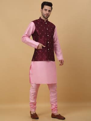 Men's pink kurta and churidar with jacquard floral nehru jacket 4