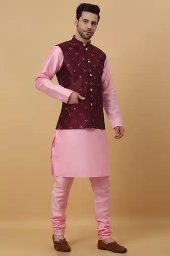 Men's pink kurta and churidar with jacquard floral nehru jacket