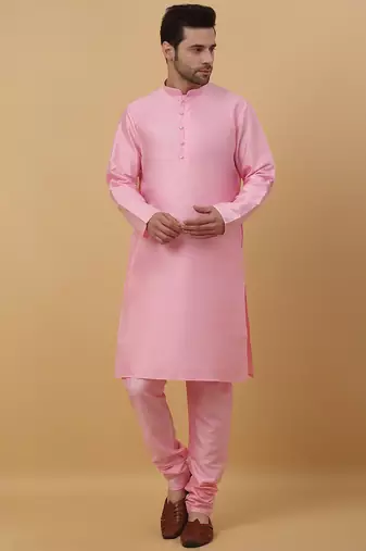 Men's pink kurta and churidar with jacquard floral nehru jacket