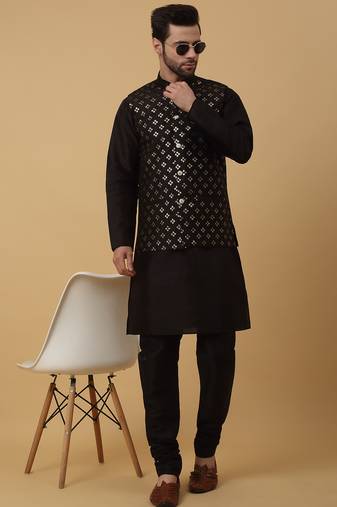 Men's black kurta and churidar with sequenced cotton silk nehru jacket