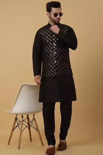 Men's black kurta and churidar with sequenced cotton silk nehru jacket