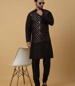 Men's black kurta and churidar with sequenced cotton silk nehru jacket